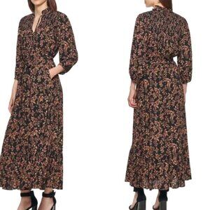 Calvin Klein Black & Brown Floral Leaf Print Maxi Dress